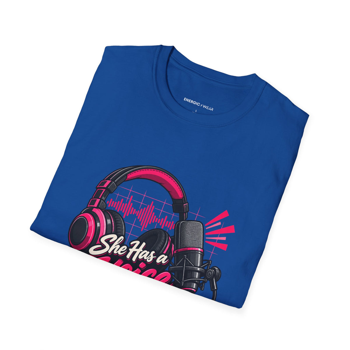 Graphic fitness T-shirt featuring the "She Has a Voice Behind the Microphone" design.