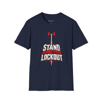 Graphic fitness T-shirt featuring the "Stand Behind Your Lockout" design.