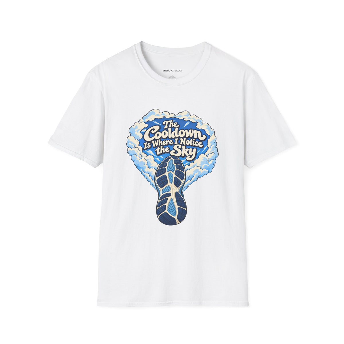 Graphic fitness T-shirt featuring the "The Cooldown Is Where I Notice the Sky" design.