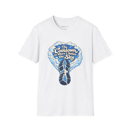Graphic fitness T-shirt featuring the "The Cooldown Is Where I Notice the Sky" design.