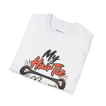 Graphic fitness T-shirt featuring the "My Hair Tie Means Business" design.
