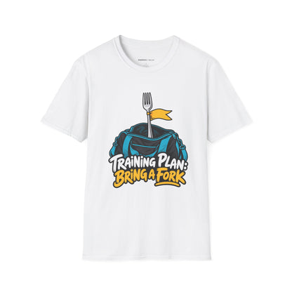 Graphic fitness T-shirt featuring the "Training Plan Bring a Fork" design.