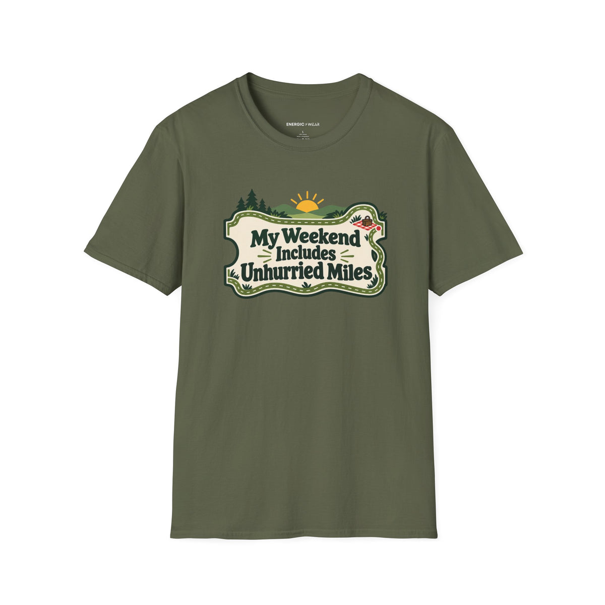 Graphic fitness T-shirt featuring the "My Weekend Includes Unhurried Miles" design.