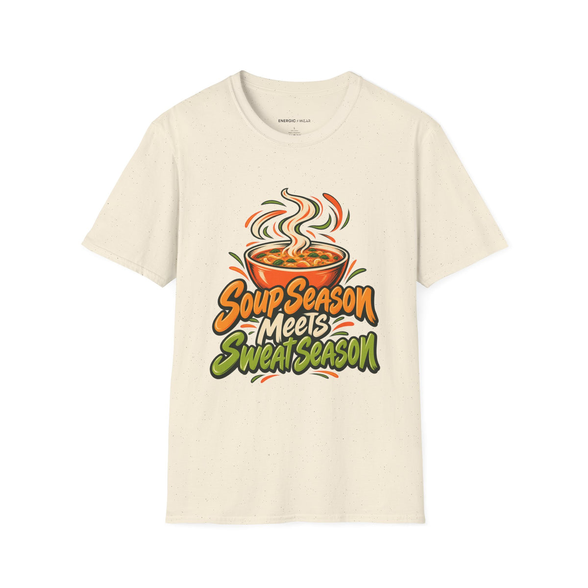 Graphic fitness T-shirt featuring the "Soup Season Meets Sweat Season" design.