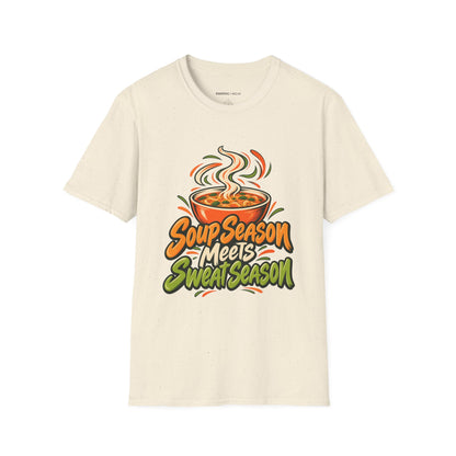 Graphic fitness T-shirt featuring the "Soup Season Meets Sweat Season" design.