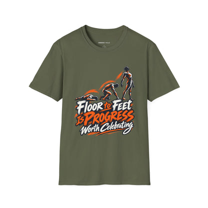 Graphic fitness T-shirt featuring the "Floor to Feet Is Progress Worth Celebrating" design.