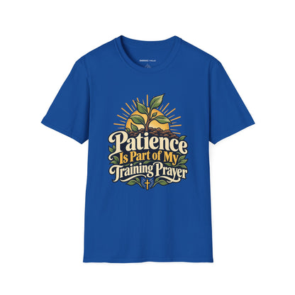 Graphic fitness T-shirt featuring the "Patience Is Part of My Training Prayer" design.