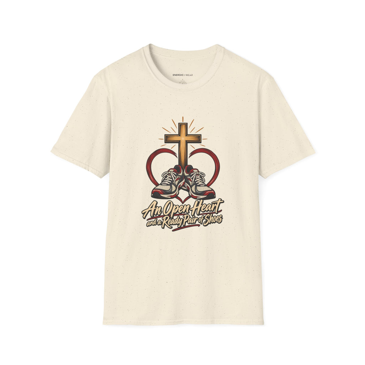 Graphic fitness T-shirt featuring the "An Open Heart and a Ready Pair of Shoes" design.