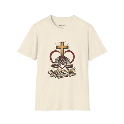 Graphic fitness T-shirt featuring the "An Open Heart and a Ready Pair of Shoes" design.