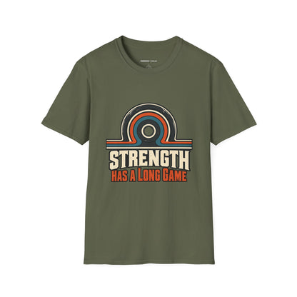 Graphic fitness T-shirt featuring the "Strength Has a Long Game" design.