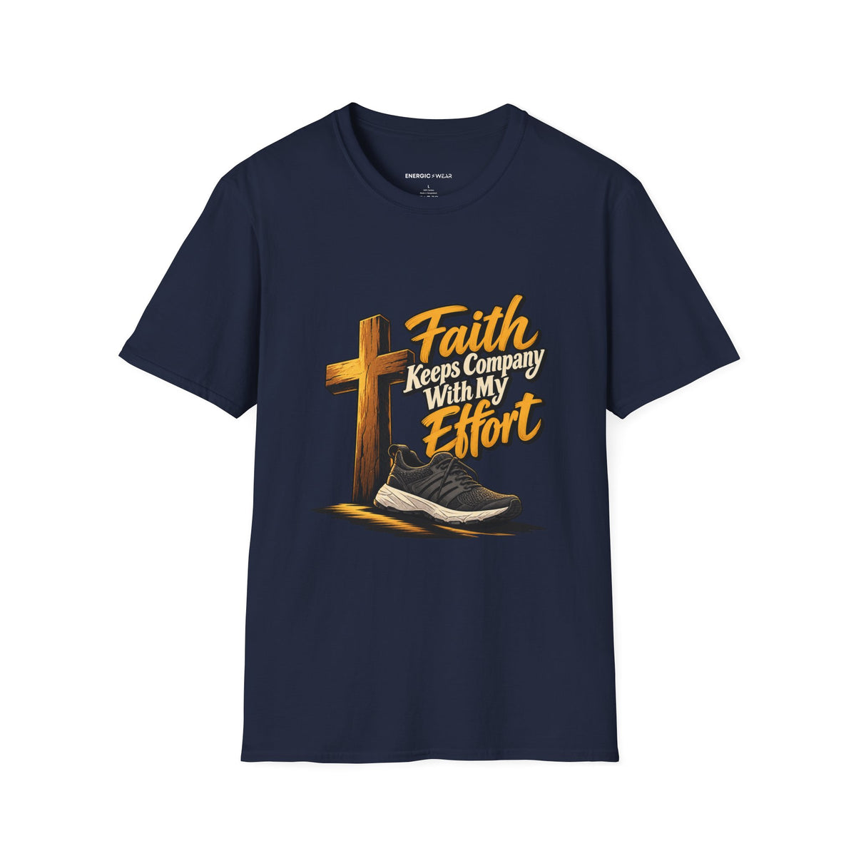Graphic fitness T-shirt featuring the "Faith Keeps Company with My Effort" design.