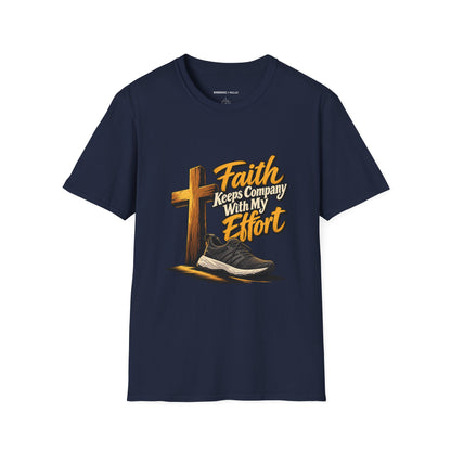 Graphic fitness T-shirt featuring the "Faith Keeps Company with My Effort" design.