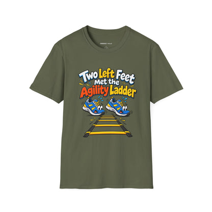 Graphic fitness T-shirt featuring the "Two Left Feet Met the Agility Ladder" design.