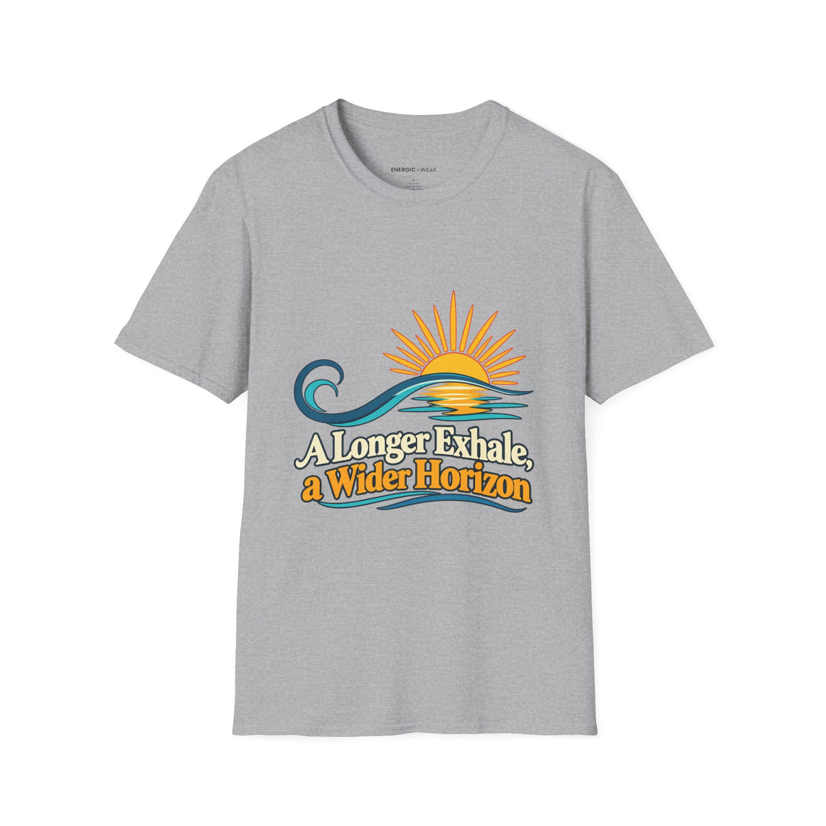 Graphic fitness T-shirt featuring the "A Longer Exhale a Wider Horizon" design.