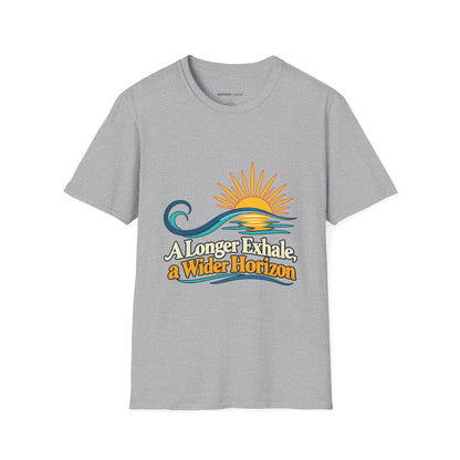 Graphic fitness T-shirt featuring the "A Longer Exhale a Wider Horizon" design.
