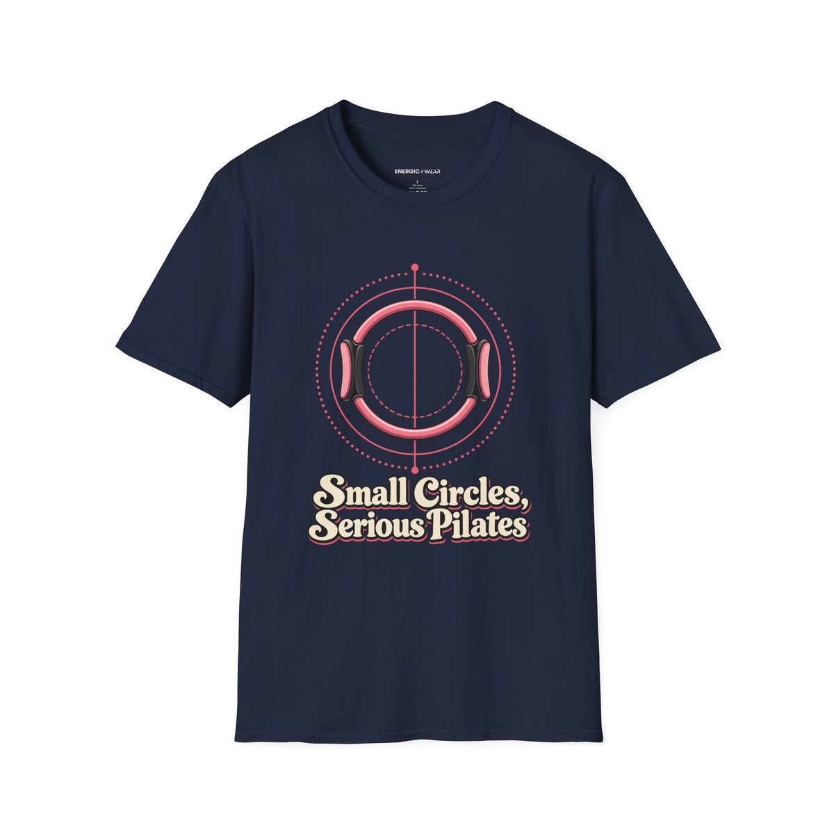 Graphic fitness T-shirt featuring the "Small Circles Serious Pilates" design.