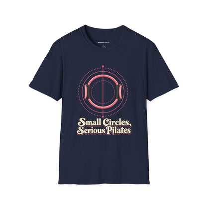 Graphic fitness T-shirt featuring the "Small Circles Serious Pilates" design.