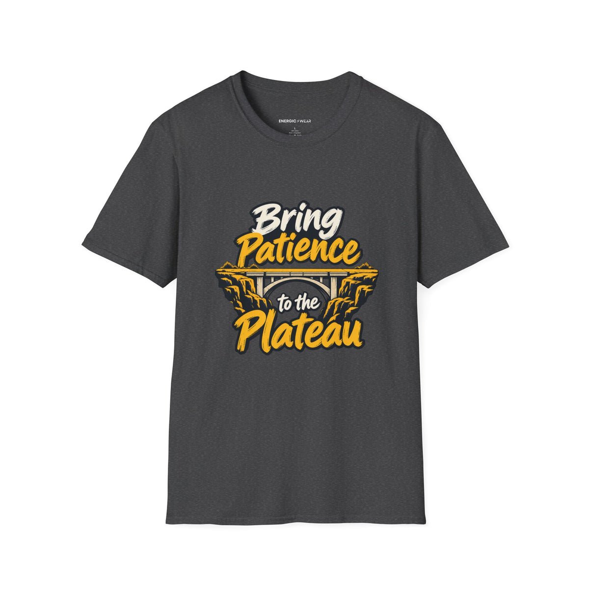 Graphic fitness T-shirt featuring the "Bring Patience to the Plateau" design.