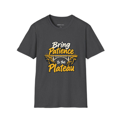 Graphic fitness T-shirt featuring the "Bring Patience to the Plateau" design.