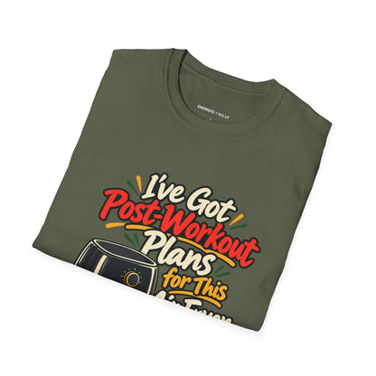 Graphic fitness T-shirt featuring the "I've Got Post-Workout Plans for This Air Fryer" design.
