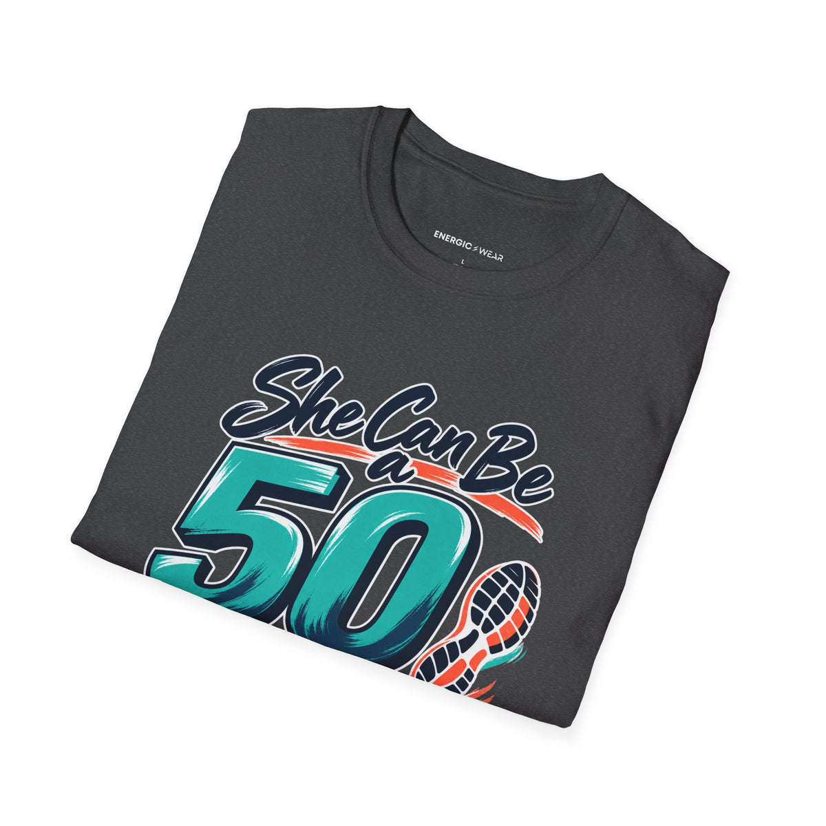Graphic fitness T-shirt featuring the "She Can Be a Beginner at Fifty" design.