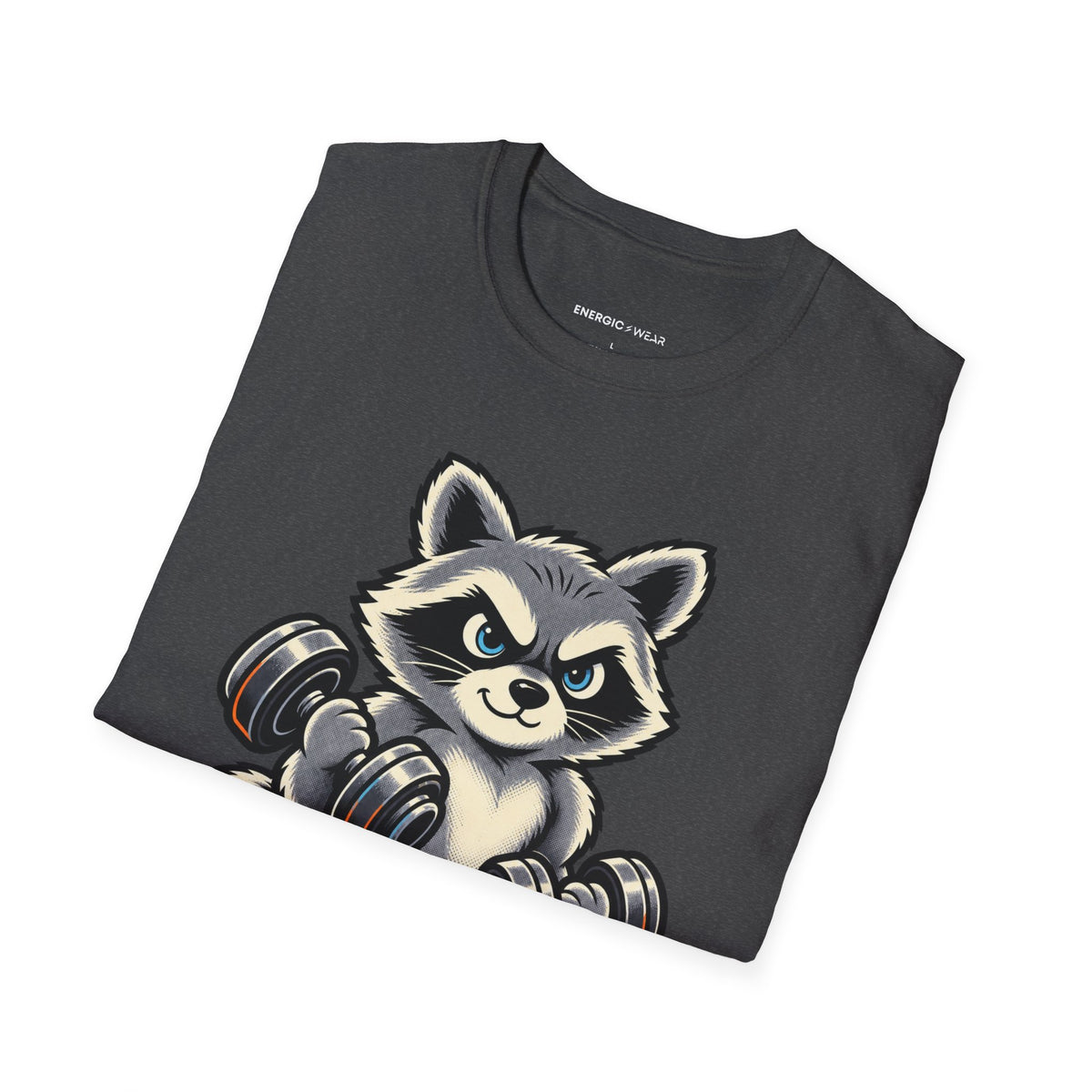 Graphic fitness T-shirt featuring the "Muscular Raccoon" design.