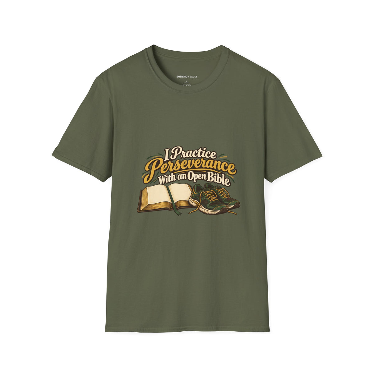 Graphic fitness T-shirt featuring the "I Practice Perseverance with an Open Bible" design.