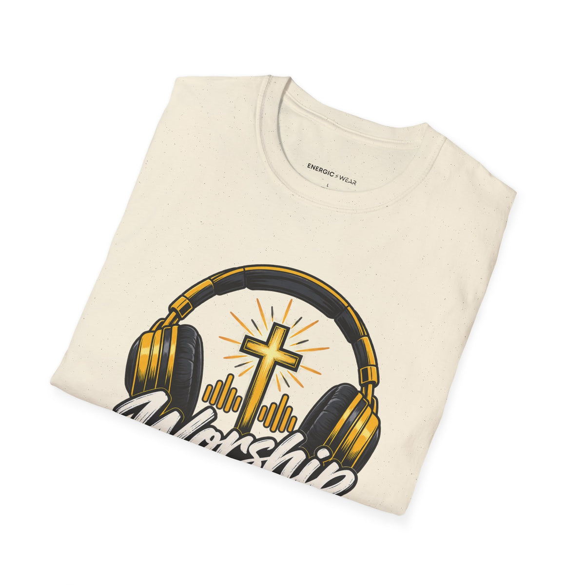 Graphic fitness T-shirt featuring the "Worship Has a Place on My Playlist" design.