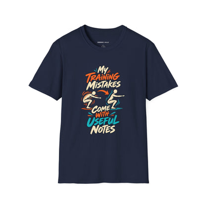 Graphic fitness T-shirt featuring the "My Training Mistakes Come With Useful Notes" design.