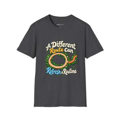 Graphic fitness T-shirt featuring the "A Different Route Can Refresh a Routine" design.