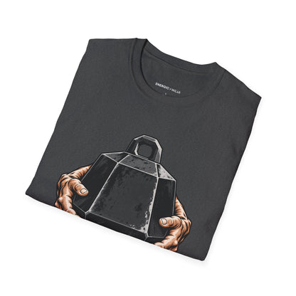 Graphic fitness T-shirt featuring the "Heavy Work, Steady Hands" design.
