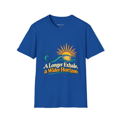 Graphic fitness T-shirt featuring the "A Longer Exhale a Wider Horizon" design.