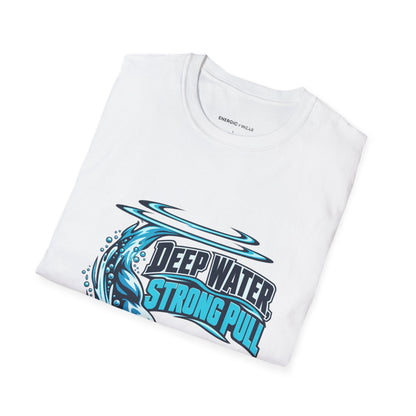 Graphic fitness T-shirt featuring the "Deep Water Strong Pull" design.