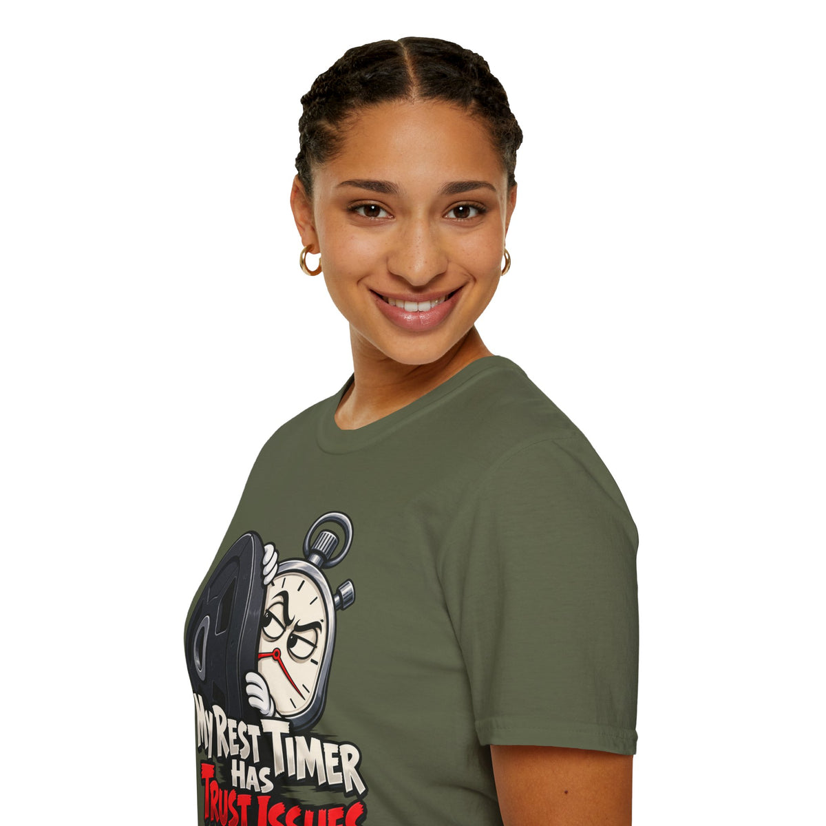 Graphic fitness T-shirt featuring the "My Rest Timer Has Trust Issues" design.