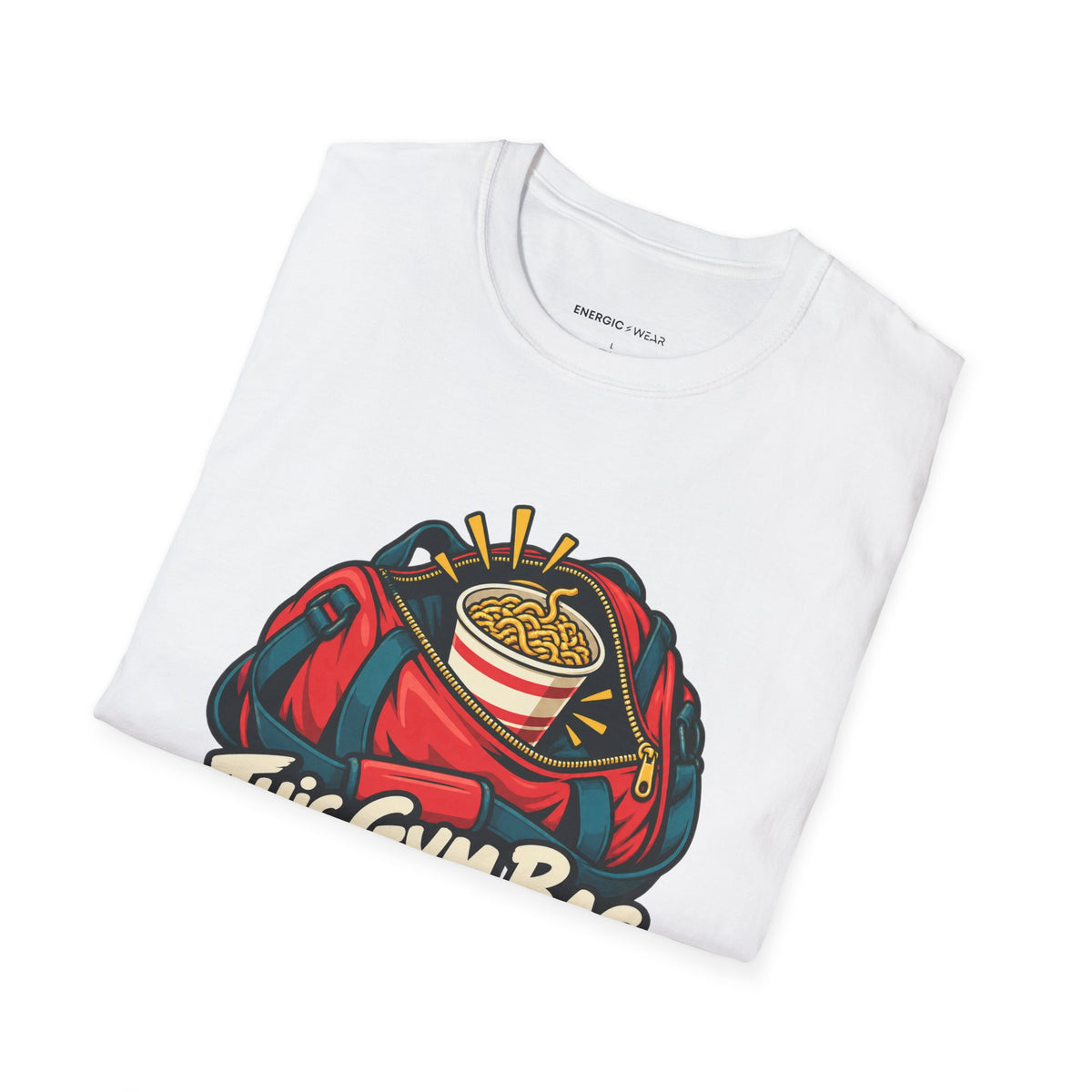 Graphic fitness T-shirt featuring the "This Gym Bag Contains Emergency Noodles" design.