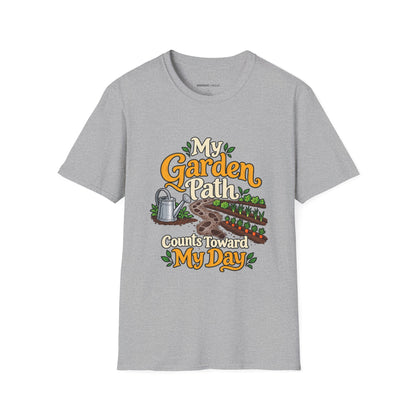 Graphic fitness T-shirt featuring the "My Garden Path Counts Toward My Day" design.