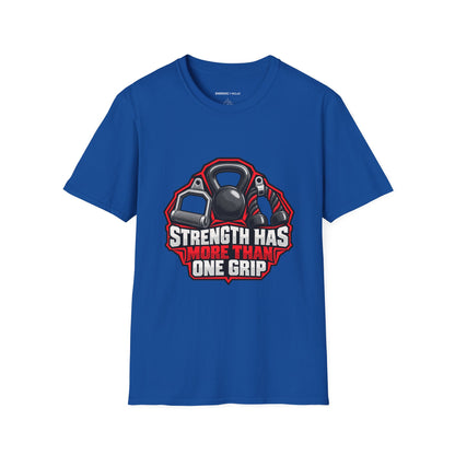 Graphic fitness T-shirt featuring the "Strength Has More Than One Grip" design.