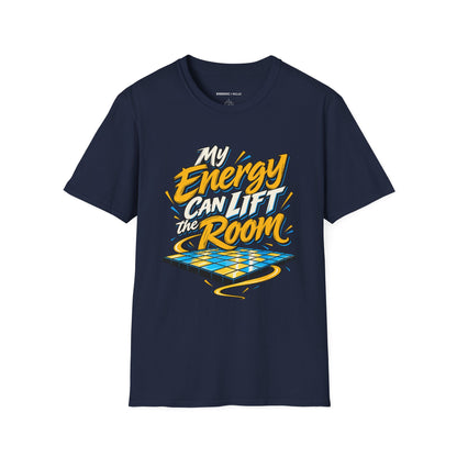 Graphic fitness T-shirt featuring the "My Energy Can Lift the Room" design.