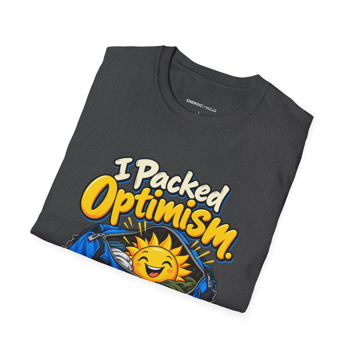 Graphic fitness T-shirt featuring the "I Packed Optimism Forgot Socks" design.