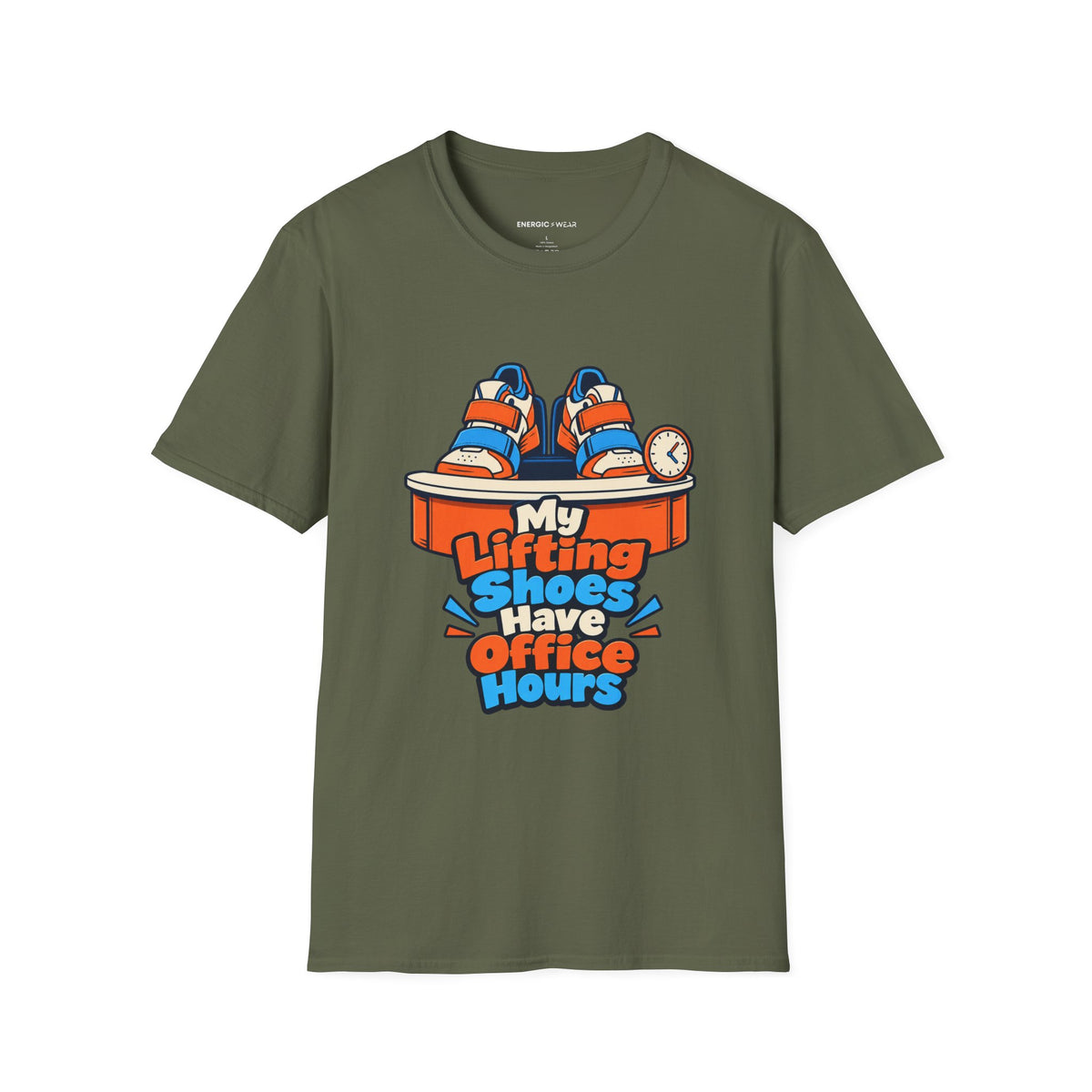 Graphic fitness T-shirt featuring the "My Lifting Shoes Have Office Hours" design.