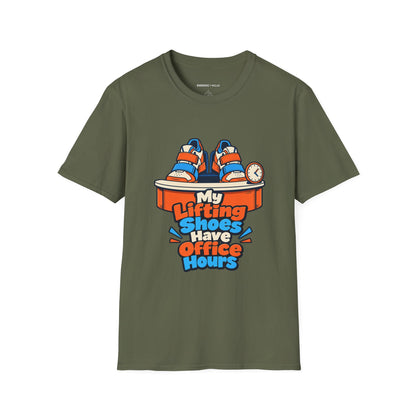 Graphic fitness T-shirt featuring the "My Lifting Shoes Have Office Hours" design.