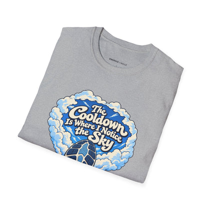 Graphic fitness T-shirt featuring the "The Cooldown Is Where I Notice the Sky" design.