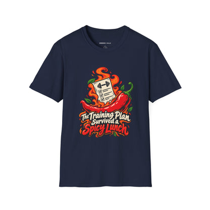 Graphic fitness T-shirt featuring the "The Training Plan Survived a Spicy Lunch" design.