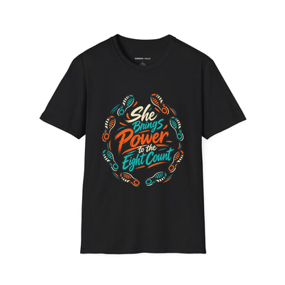 Graphic fitness T-shirt featuring the "She Brings Power to the Eight Count" design.