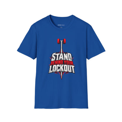 Graphic fitness T-shirt featuring the "Stand Behind Your Lockout" design.