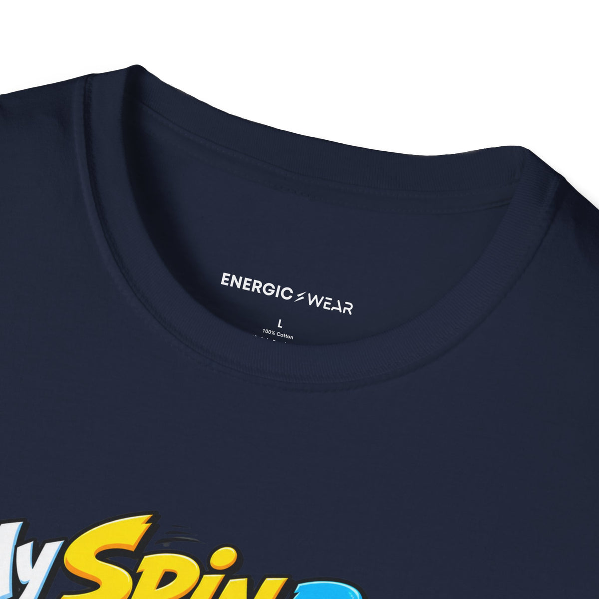 Graphic fitness T-shirt featuring the "My Spin Bike Goes Nowhere with Great Enthusiasm" design.