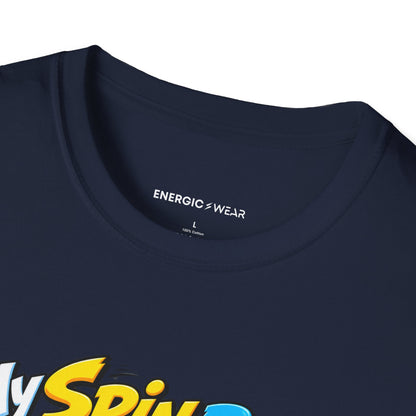 Graphic fitness T-shirt featuring the "My Spin Bike Goes Nowhere with Great Enthusiasm" design.