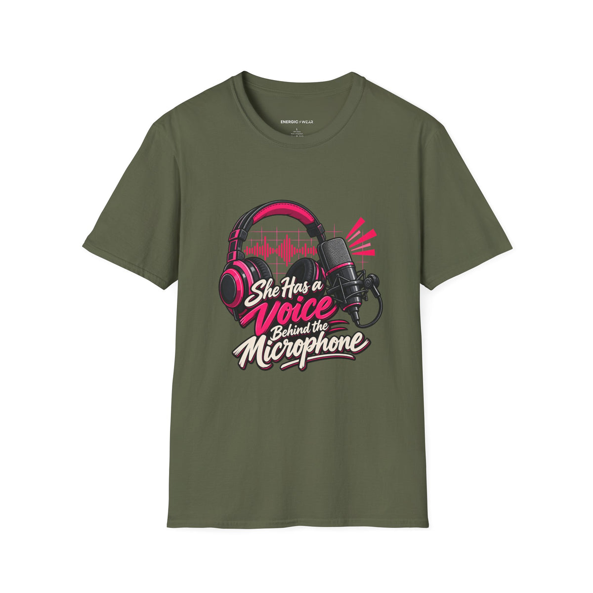 Graphic fitness T-shirt featuring the "She Has a Voice Behind the Microphone" design.