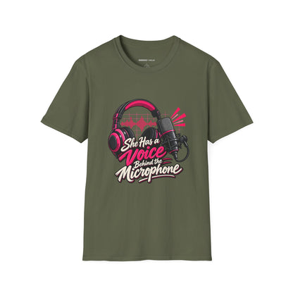 Graphic fitness T-shirt featuring the "She Has a Voice Behind the Microphone" design.
