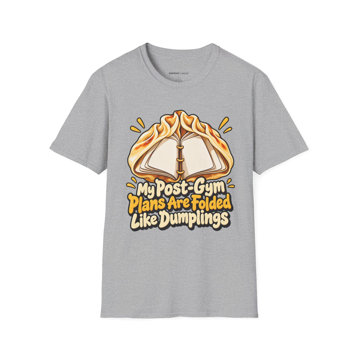 Graphic fitness T-shirt featuring the "My Post-Gym Plans Are Folded Like Dumplings" design.